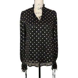 Autres Filles Blouse Womens Small Black Gold Polka Dot Ruffle Tie Neck Excellent
